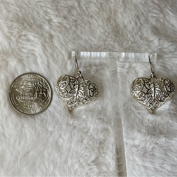 ATI BR TH | Silver Plated Heart Hollow Filigree Style Drop Wire Ear Hoops - Picture 3 of 10